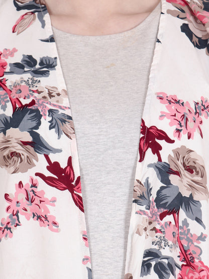 Scorpius White & Maroon Printed Open Front Shrug
