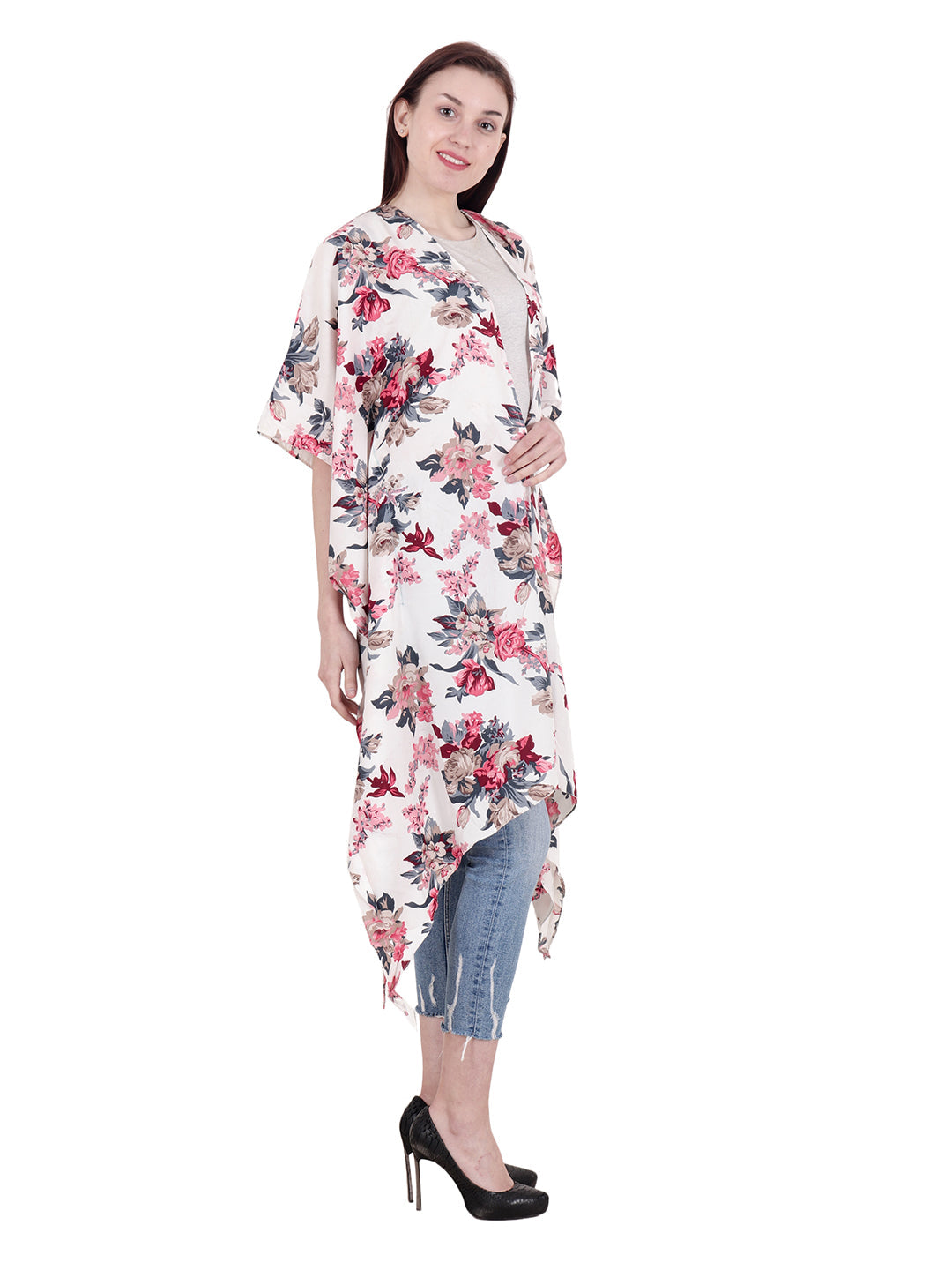 Scorpius White & Maroon Printed Open Front Shrug