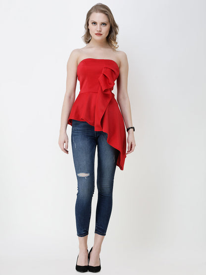 SCORPIUS Women Red Solid Bardot Top with Ruffle Detail