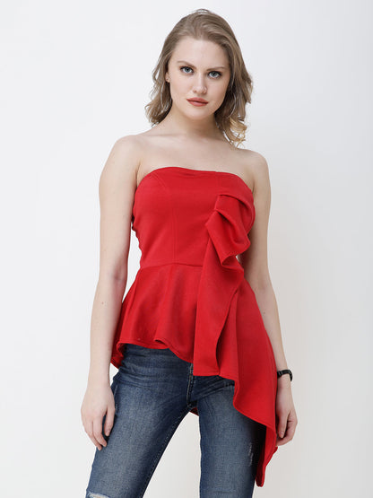 SCORPIUS Women Red Solid Bardot Top with Ruffle Detail