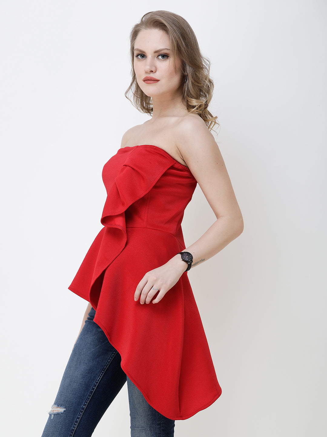 SCORPIUS Women Red Solid Bardot Top with Ruffle Detail