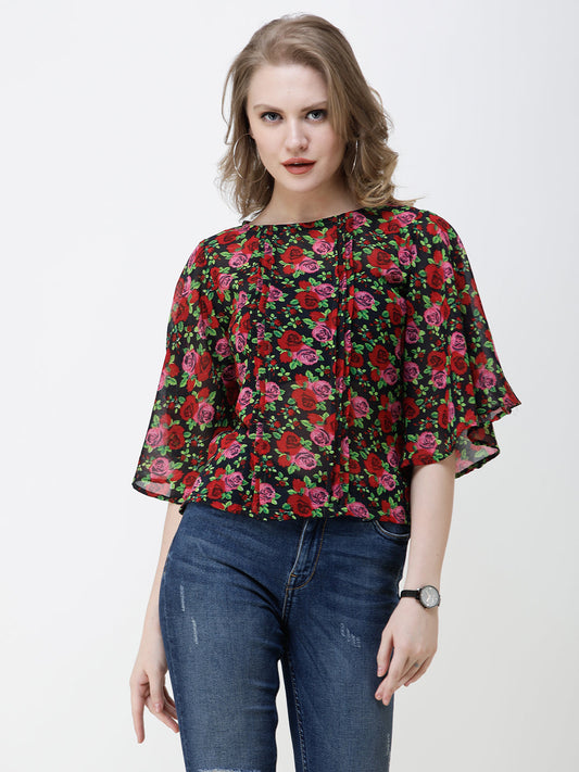 SCORPIUS Women Black & Red Floral Print Top
