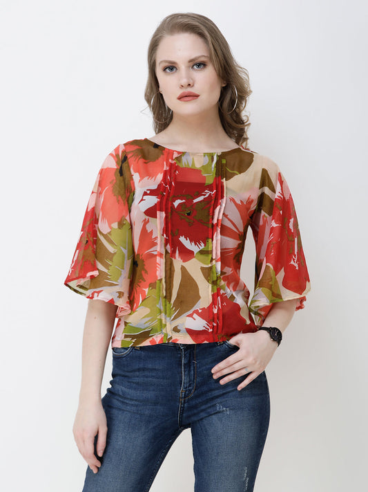 SCORPIUS Women Red & Green Floral Print Top