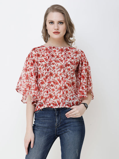 SCORPIUS Women Red & Beige Floral Print Top