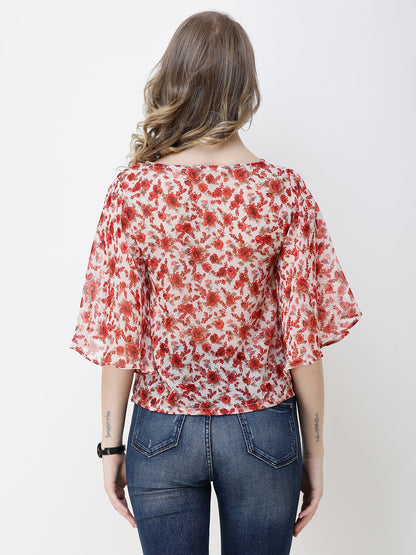 SCORPIUS Women Red & Beige Floral Print Top