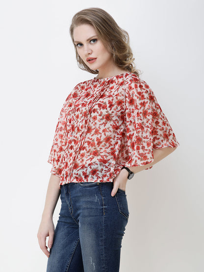 SCORPIUS Women Red & Beige Floral Print Top