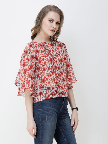 SCORPIUS Women Red & Beige Floral Print Top