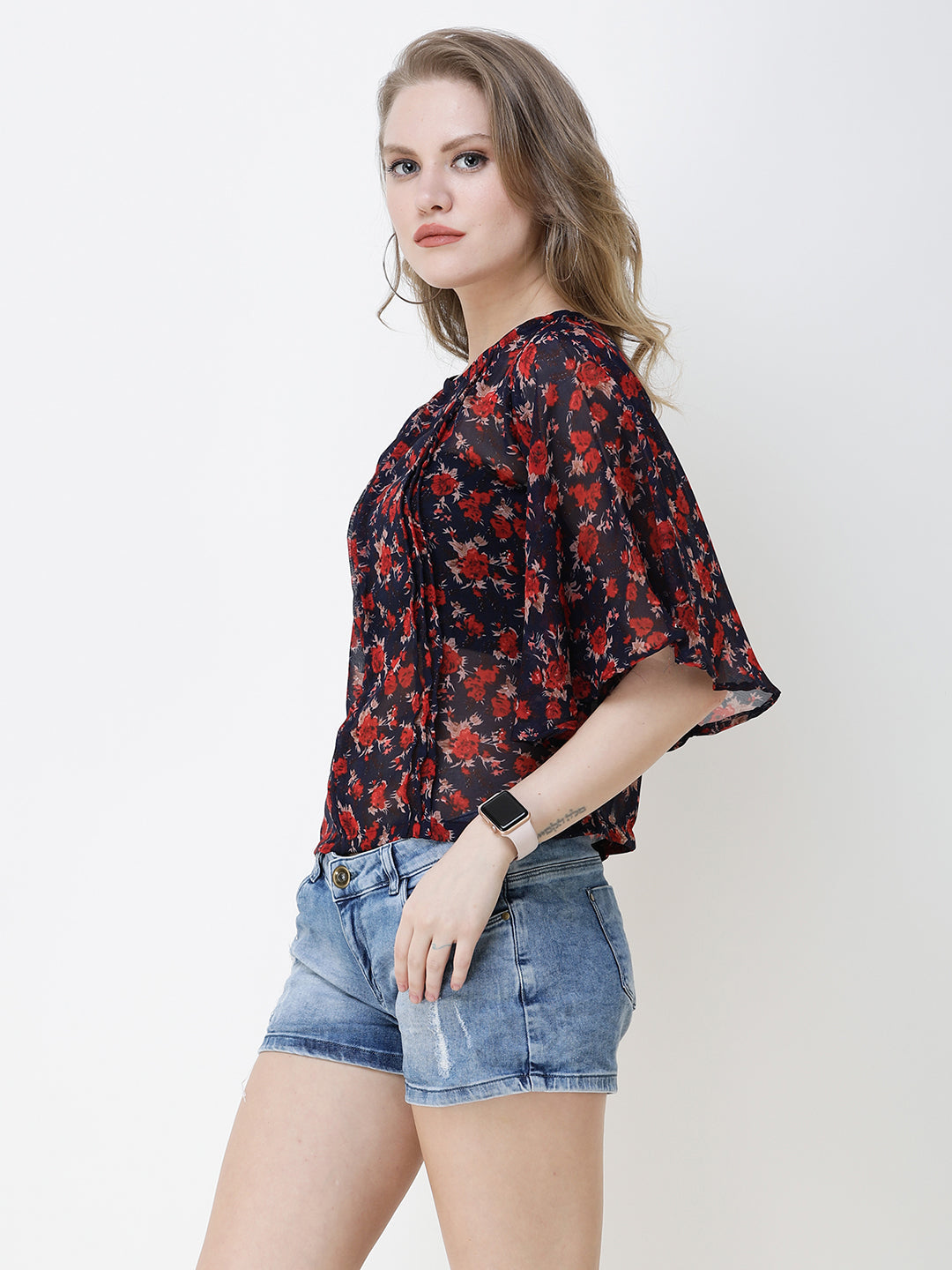 SCORPIUS Women Navy Blue & Red Floral Printed Top