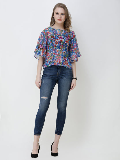 SCORPIUS Women Blue Floral Print A-Line Top