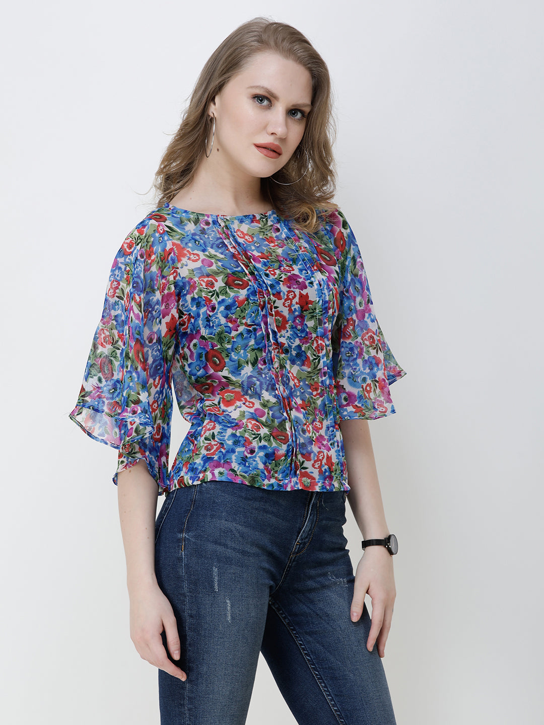 SCORPIUS Women Blue Floral Print A-Line Top