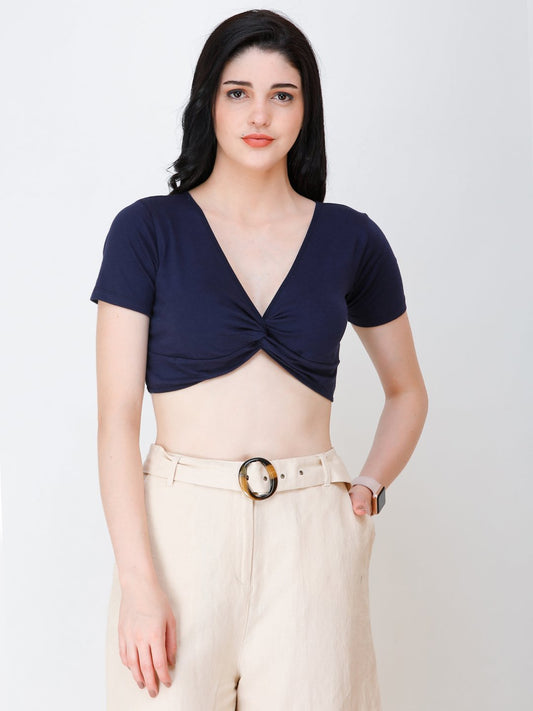 SCORPIUS Knotted navy blue crop top