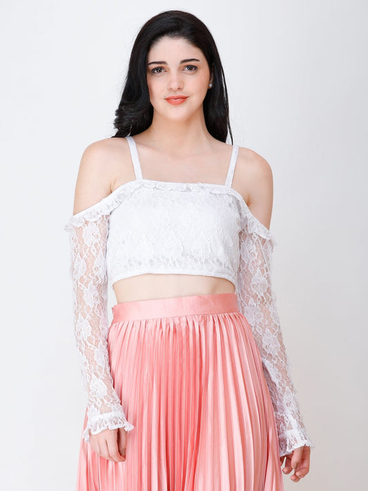 SCORPIUS White net cold shoulder crop top