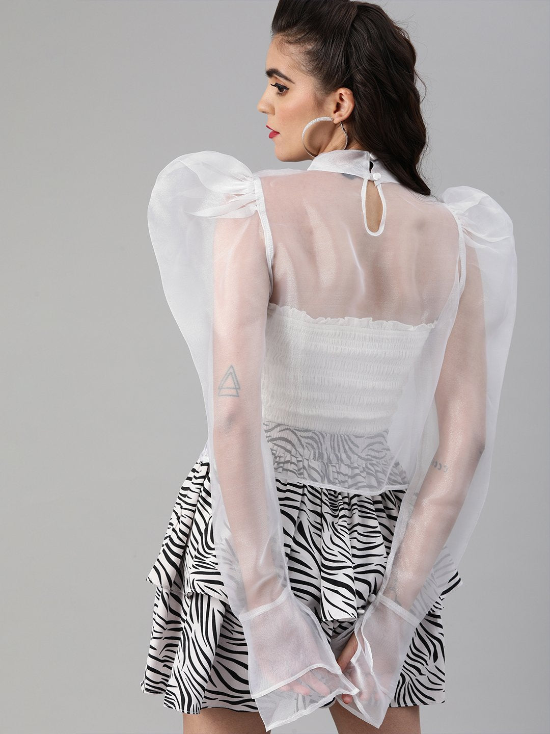 SCORPIUS Power shoulder transparent white organza top