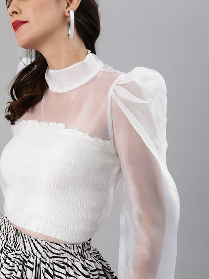 SCORPIUS Power shoulder transparent white organza top