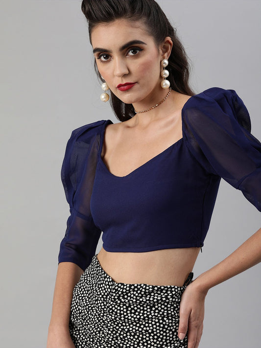 SCORPIUS Power shoulder Navy Georgette crop top