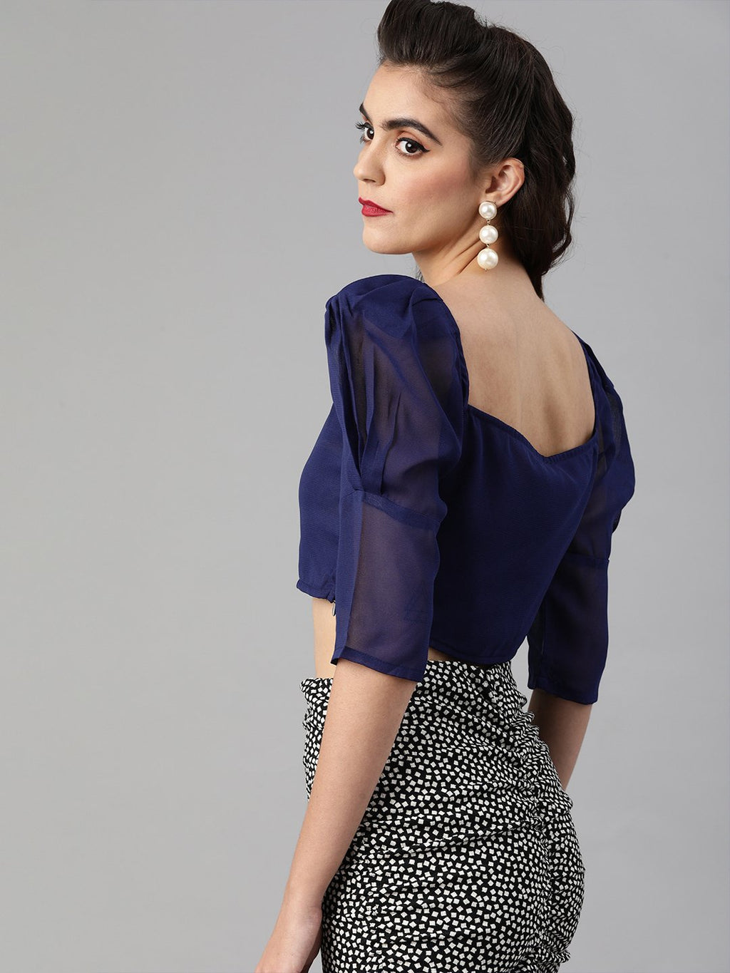 SCORPIUS Power shoulder Navy Georgette crop top