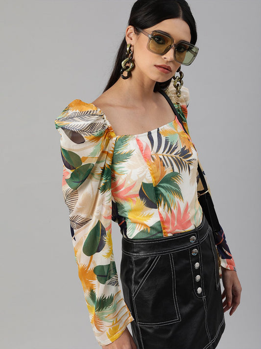 SCORPIUS Power shoulder Tropical print crop top