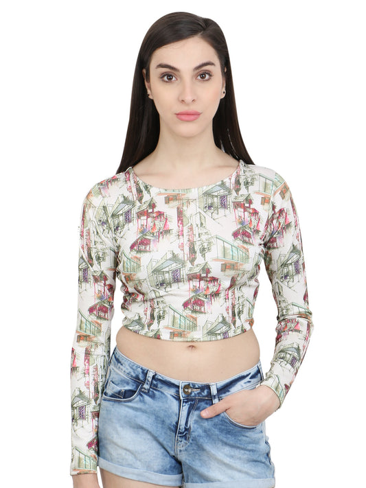 White Printed Crop Top