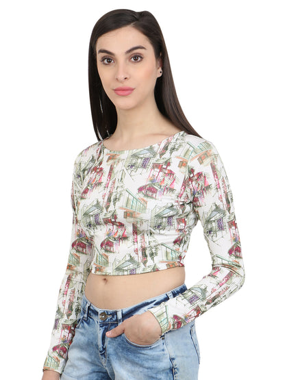 White Printed Crop Top