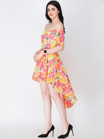 Multicoloured Floral Print Off Shoulder Dress