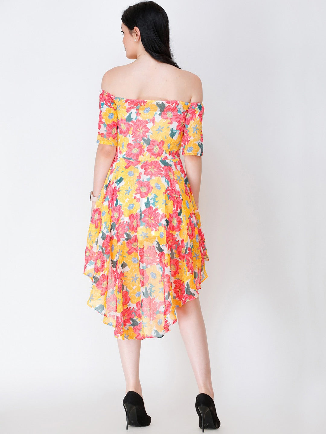Multicoloured Floral Print Off Shoulder Dress