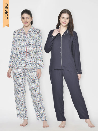 Cation Blue Solid Night Suit & White Printed Night Suit
