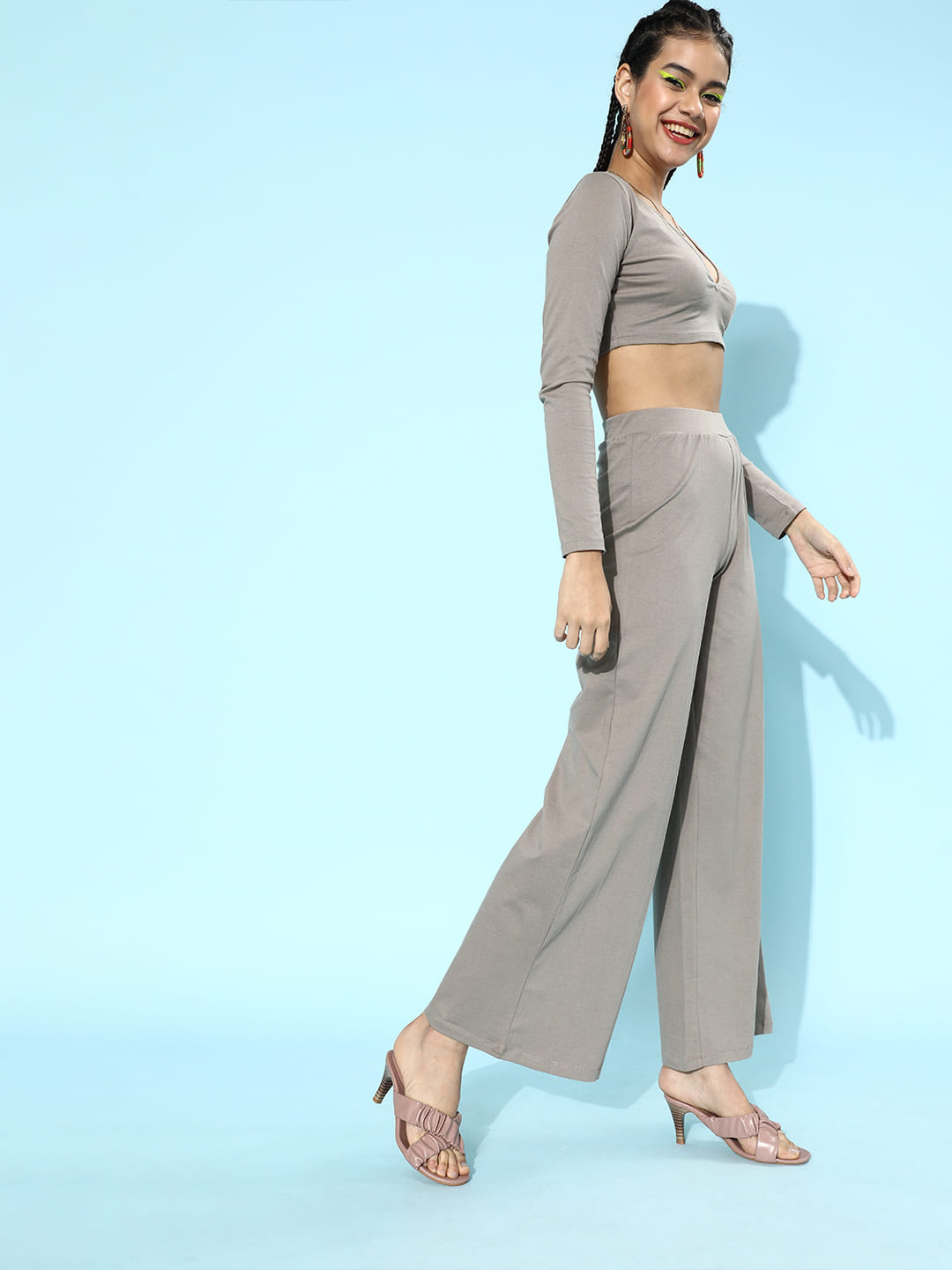 SCORPIUS Beige Deep neck Coord Set with Pants