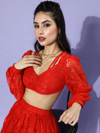 SCORPIUS Red Net Top and Skirt Coord Set
