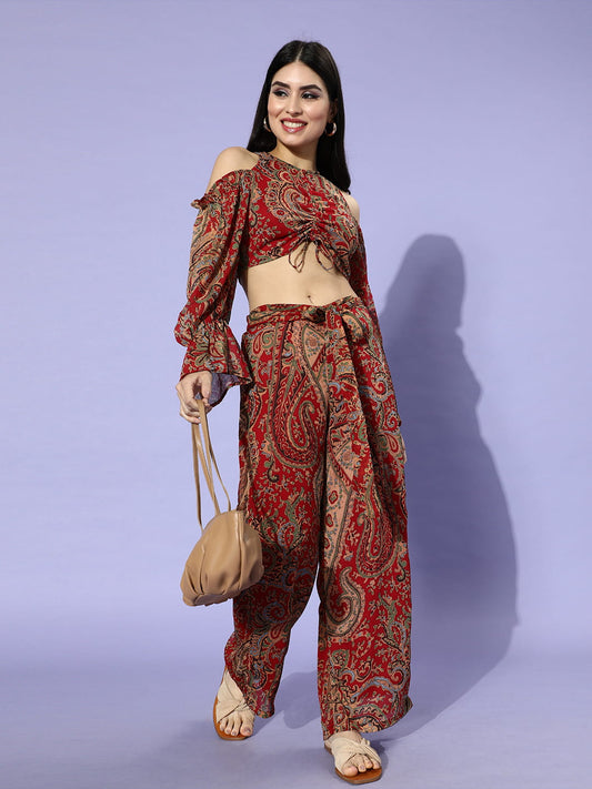 SCORPIUS Croptop and Pants Maroon Printed coord set