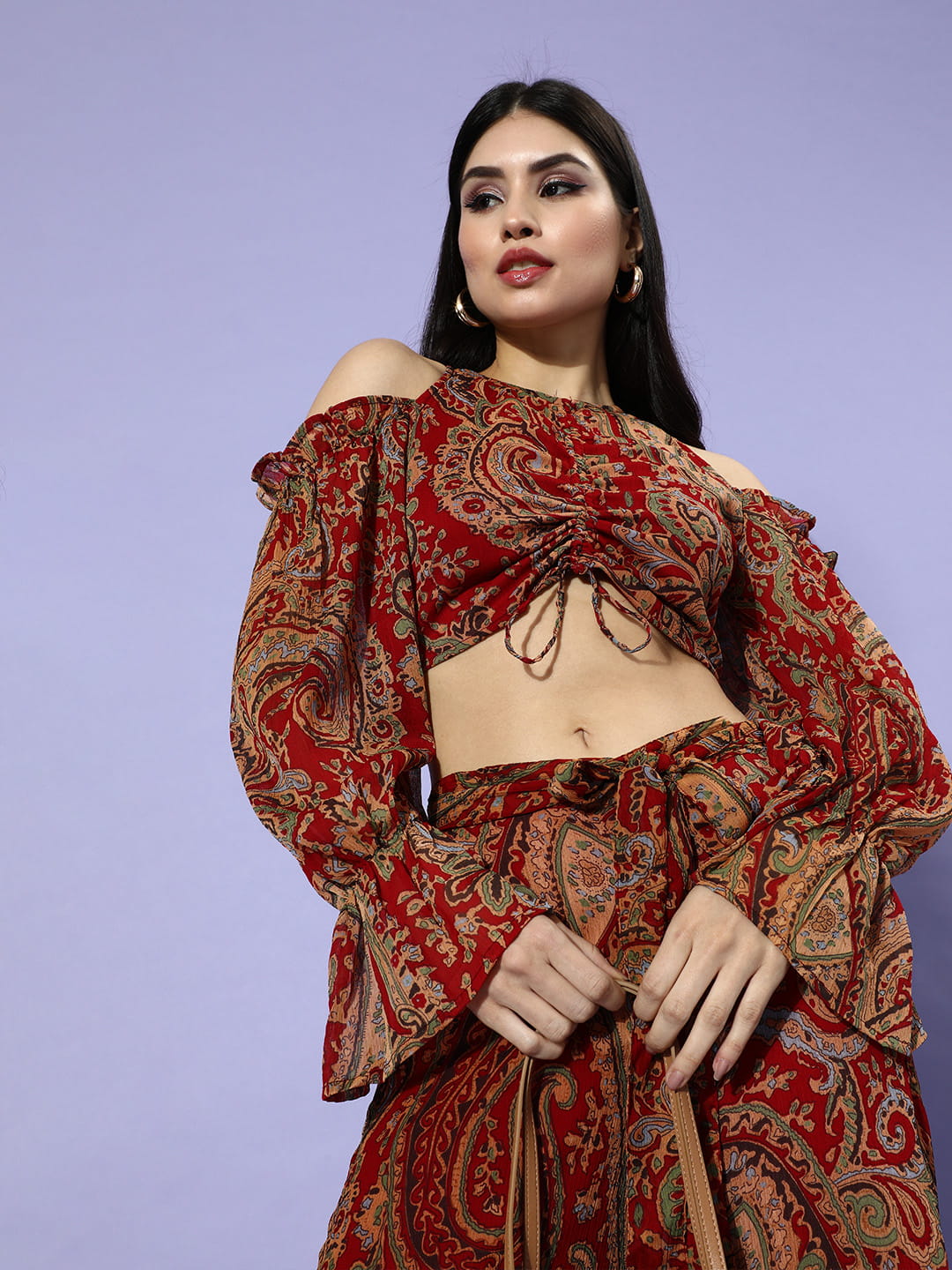 SCORPIUS Croptop and Pants Maroon Printed coord set