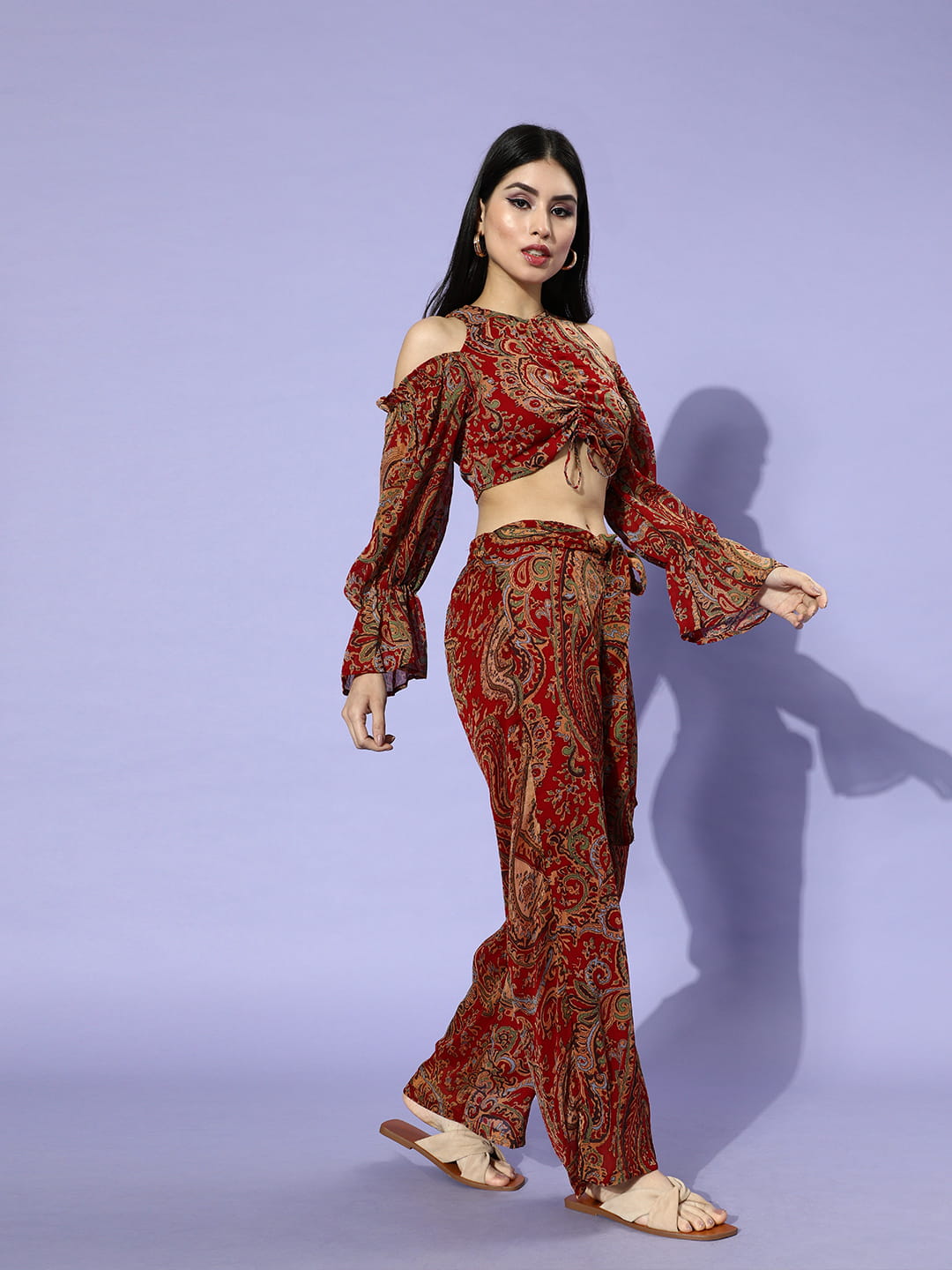 SCORPIUS Croptop and Pants Maroon Printed coord set