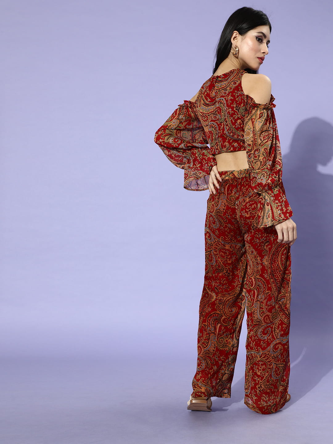 SCORPIUS Croptop and Pants Maroon Printed coord set