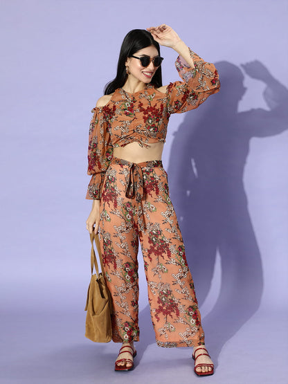 SCORPIUS Croptop and Pants Orange Printed coord set