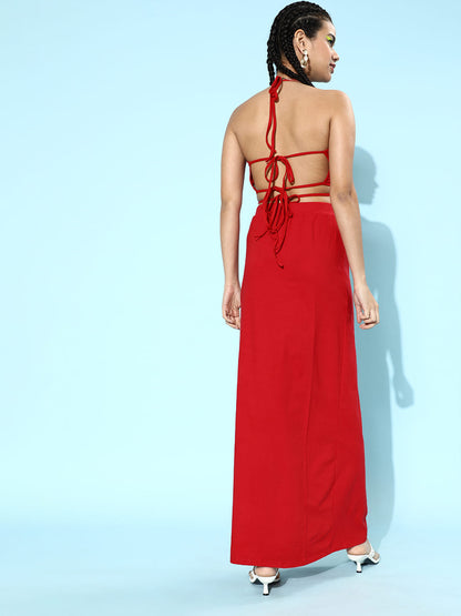 SCORPIUS Red Backless Coord Set with a slit Skirt