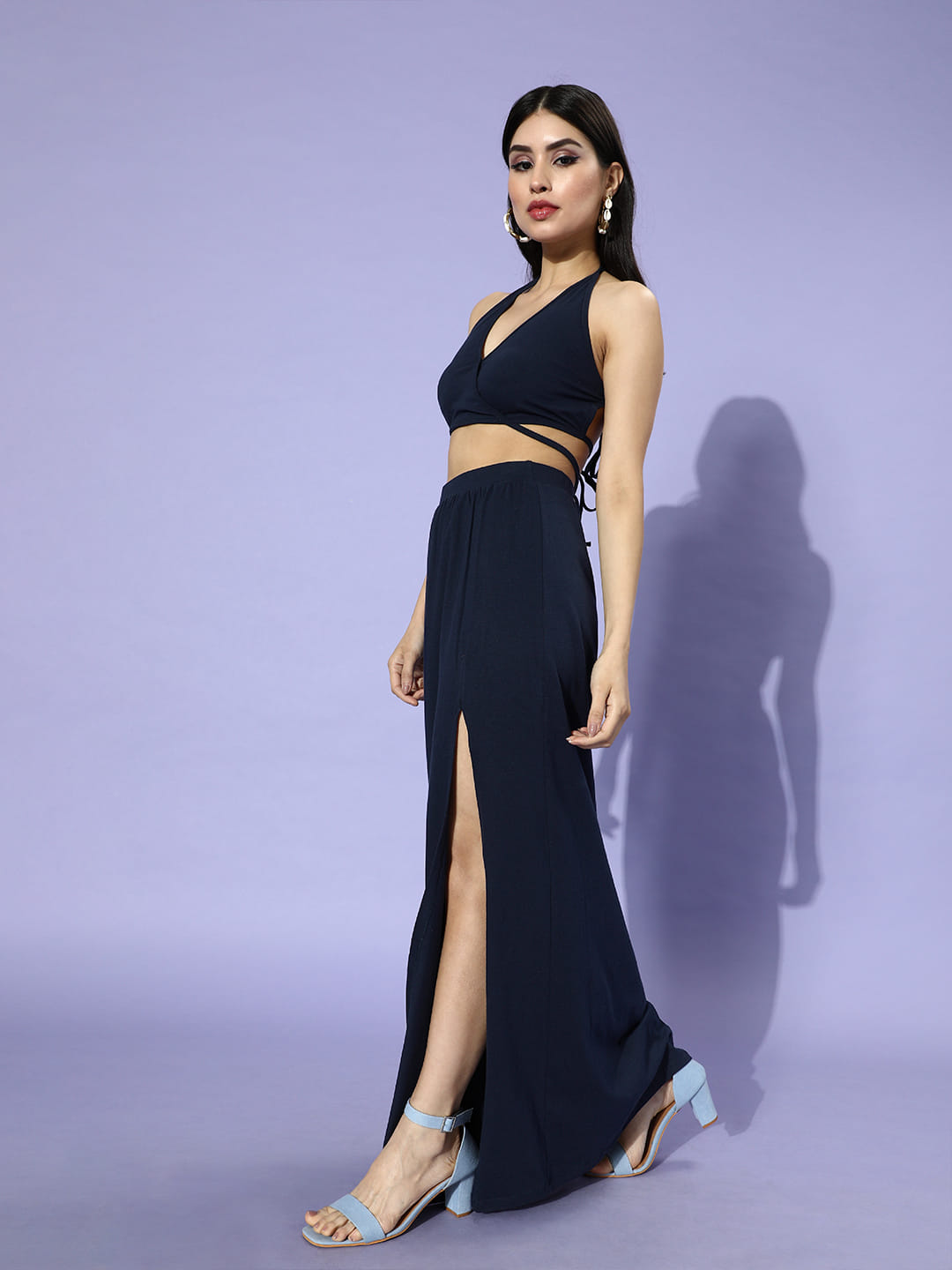 SCORPIUS Navy Backless Coord Set with a slit Skirt