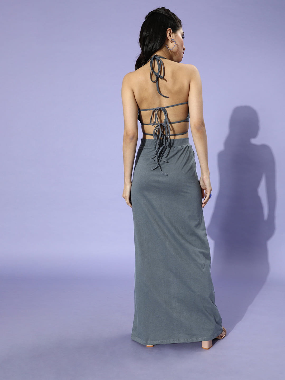 SCORPIUS Grey Backless Coord Set with a slit Skirt