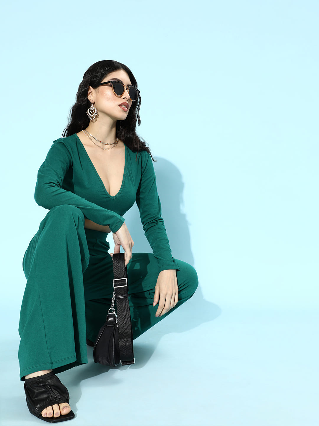 SCORPIUS Teal Deep neck Coord Set with Pants