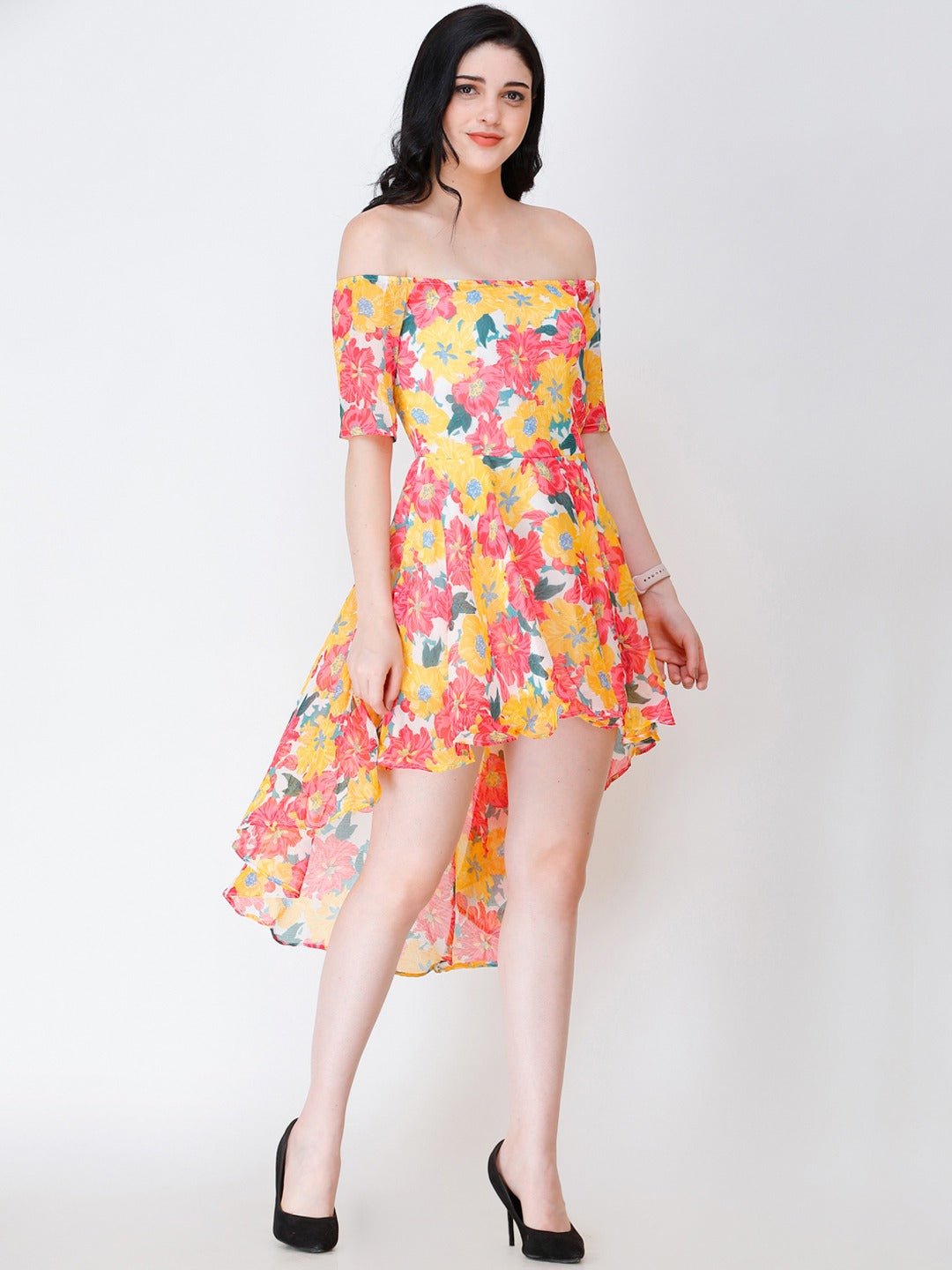 Multicoloured Floral Print Off Shoulder Dress