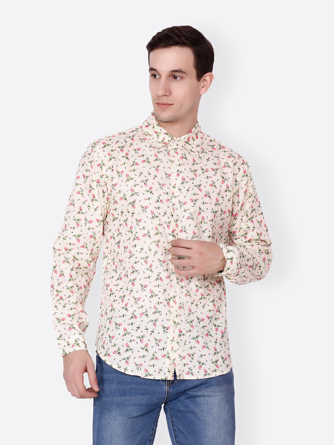 Cation Men Cream Printed Shirt