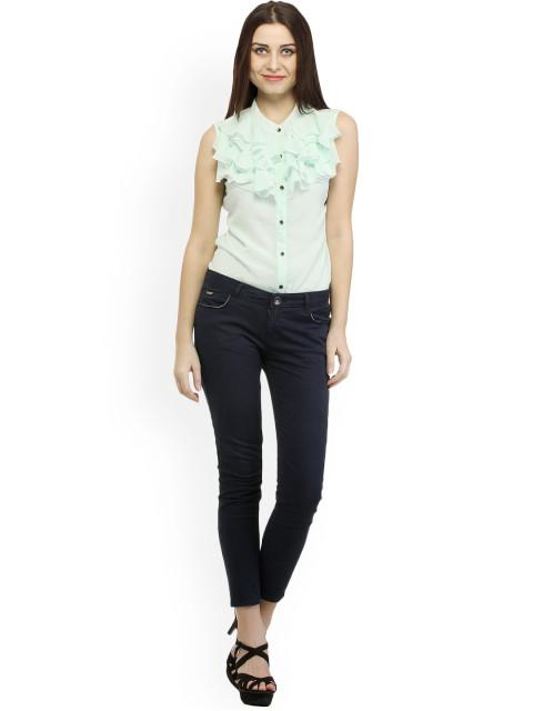 Green Solid Ruffle Shirt