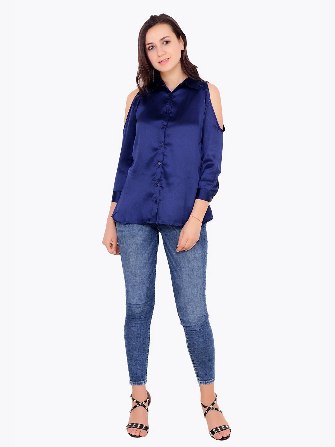 Cation Solid Blue Satin Shirt