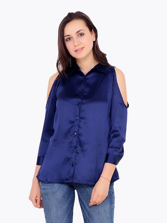 Cation Solid Blue Satin Shirt