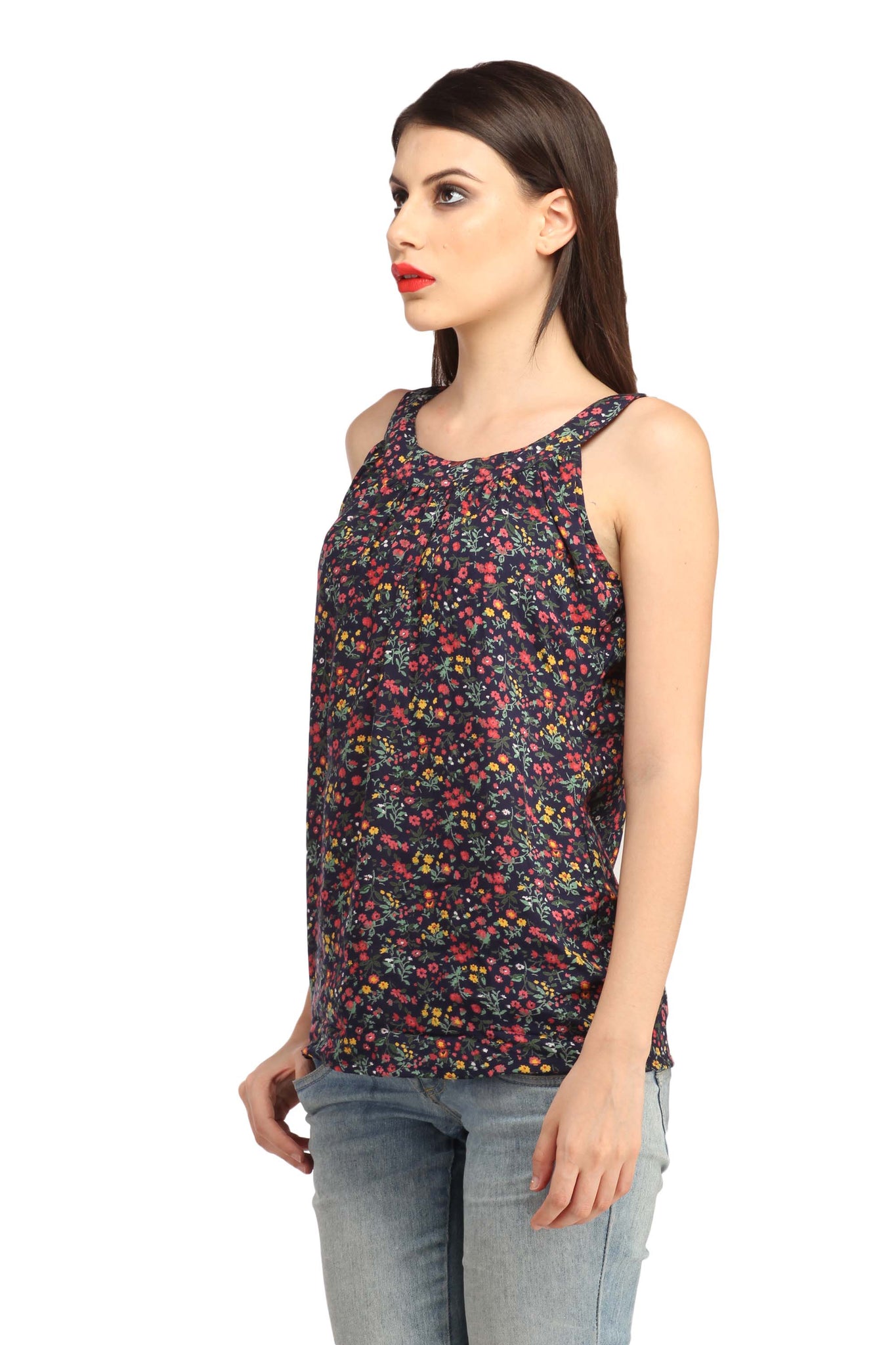Cation Navy Blue Printed Top