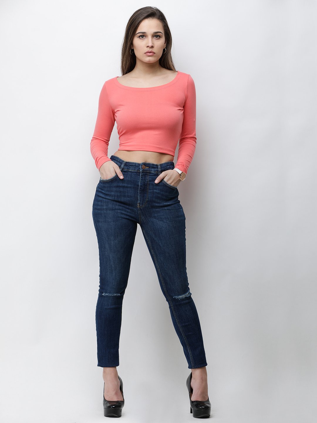 Coral solid crop top