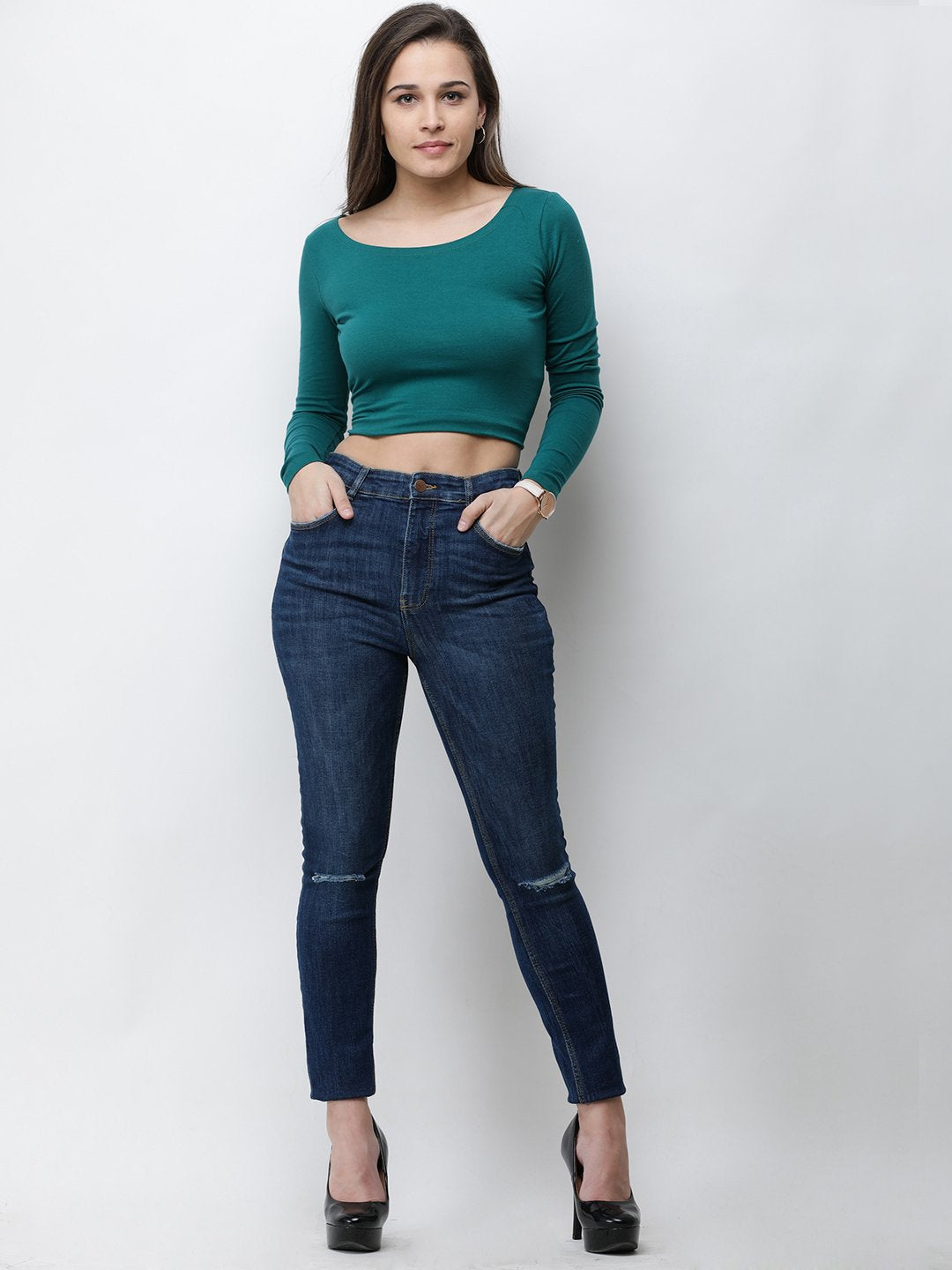Green solid crop top