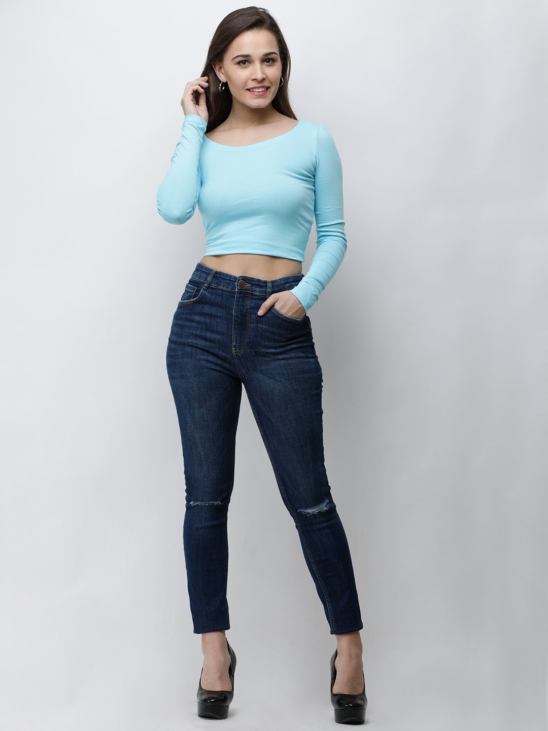 Blue solid crop top
